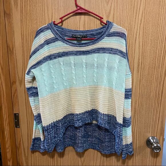 Love Stitch Ribbed Sweater w/ Stripes Size Small Blues Cream Acrylic Blend - Picture 1 of 6